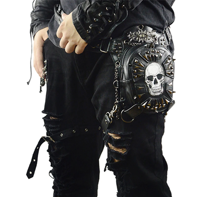 

Gothic Steampunk Skull Bag Punk Women Messenger Bag Leather Rivet Waist Leg Bags Fashion Retro Rock Motorcycle Leg Bag for Men