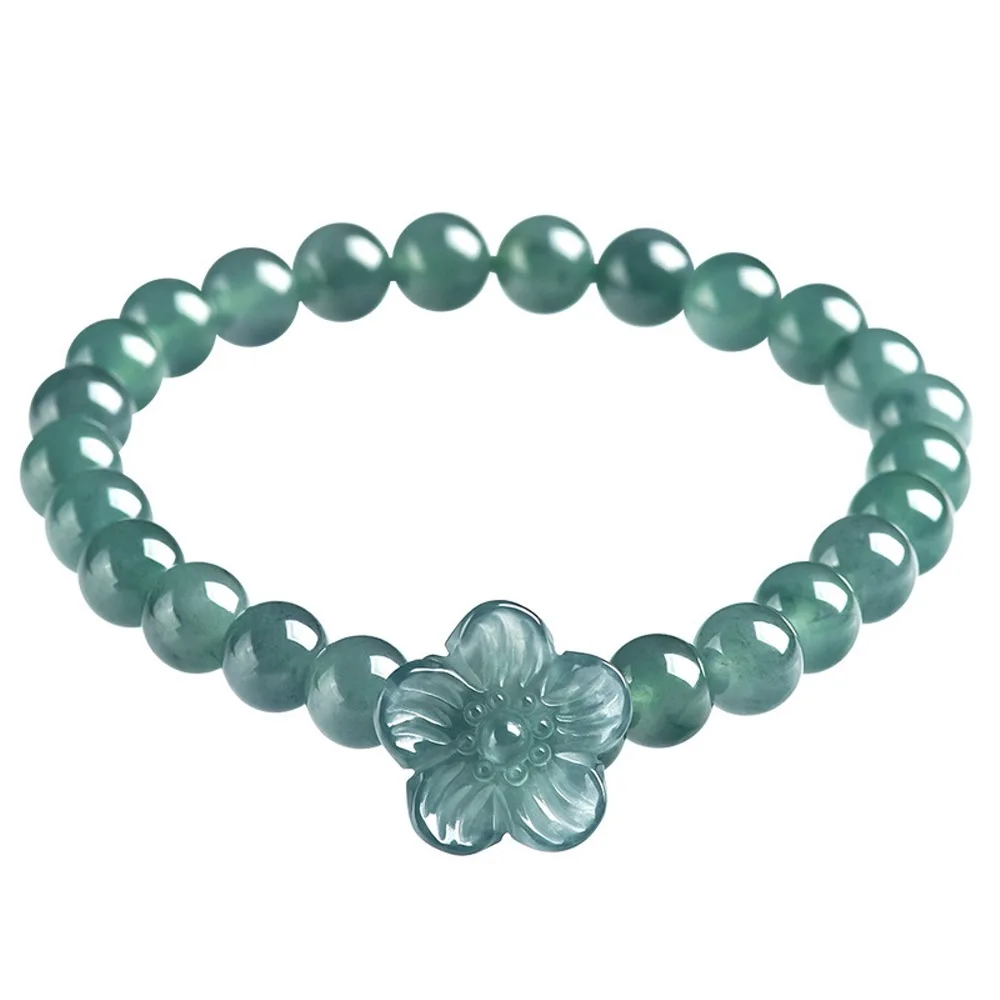 

1PCS Natural Grade A Jade Jadeite Women Gift Lucky Flower 6.5mm Round Beaded Bracelet