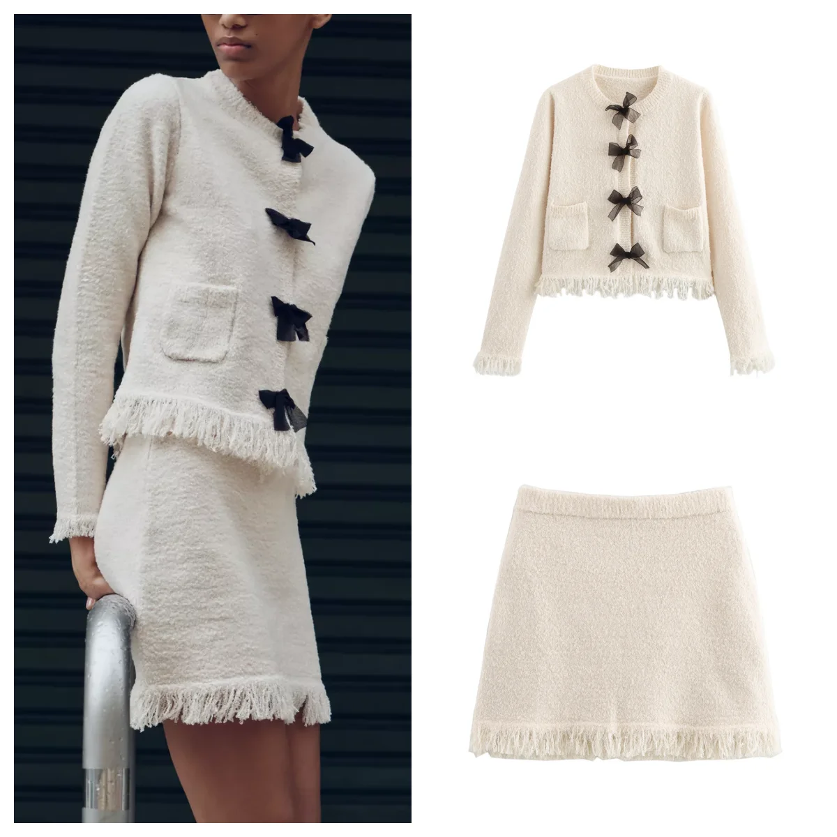 French Chanel style knitted suit for women bow tie knitted cardigan with knitted hip skirt