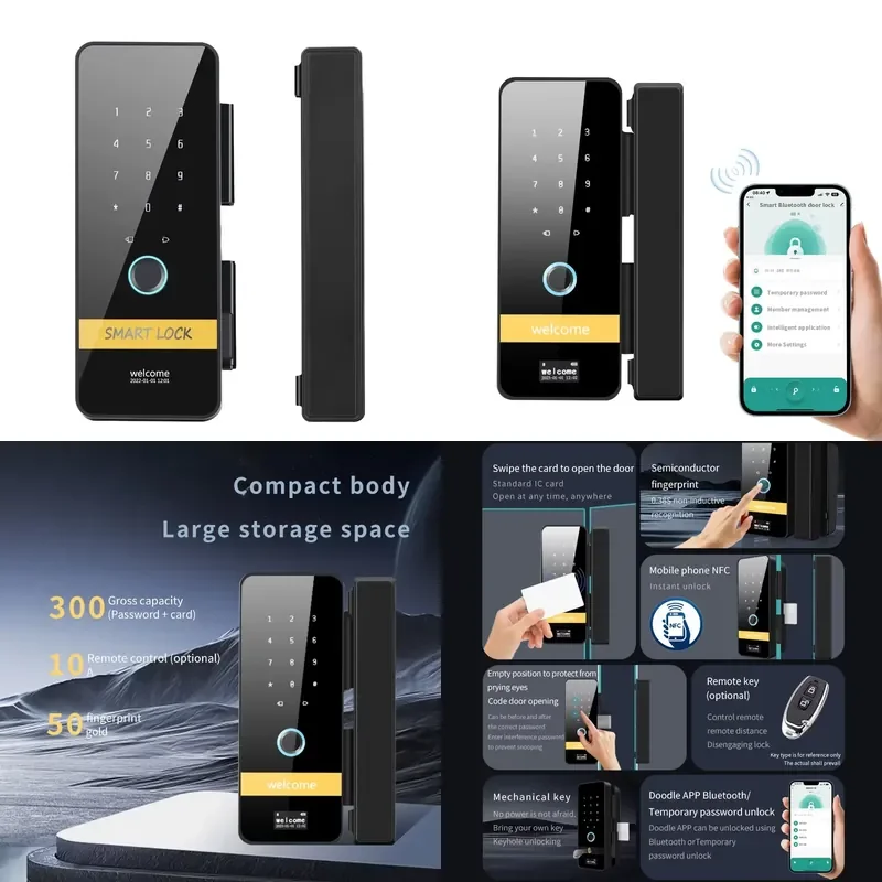 

Digital Password Smart Fingerprint Glass Door NFC IC Card APP Smart Door With Keys