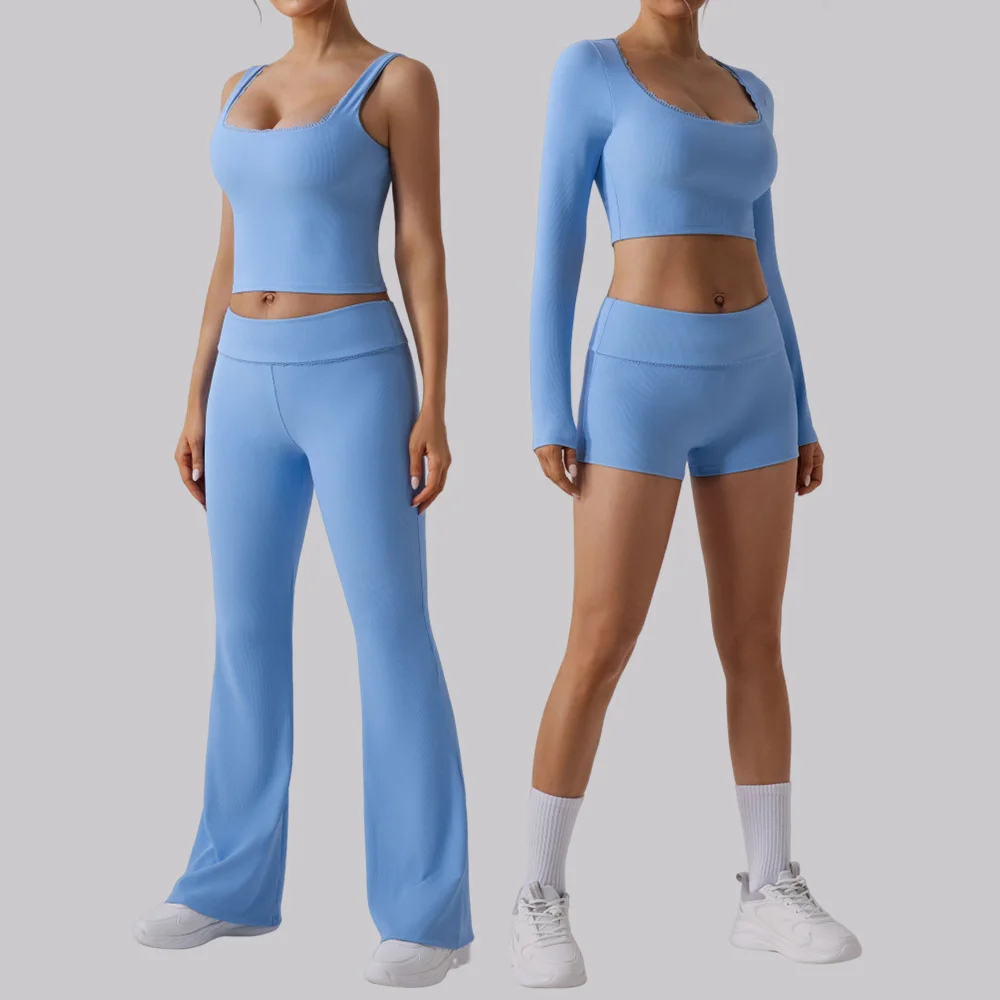 Yoga Set 2PCS Women's Sportswear Yoga Clothes Fitness Long Sleeve Tracksuits Sports shorts Suit Gym Vest bell-bottoms Leggings