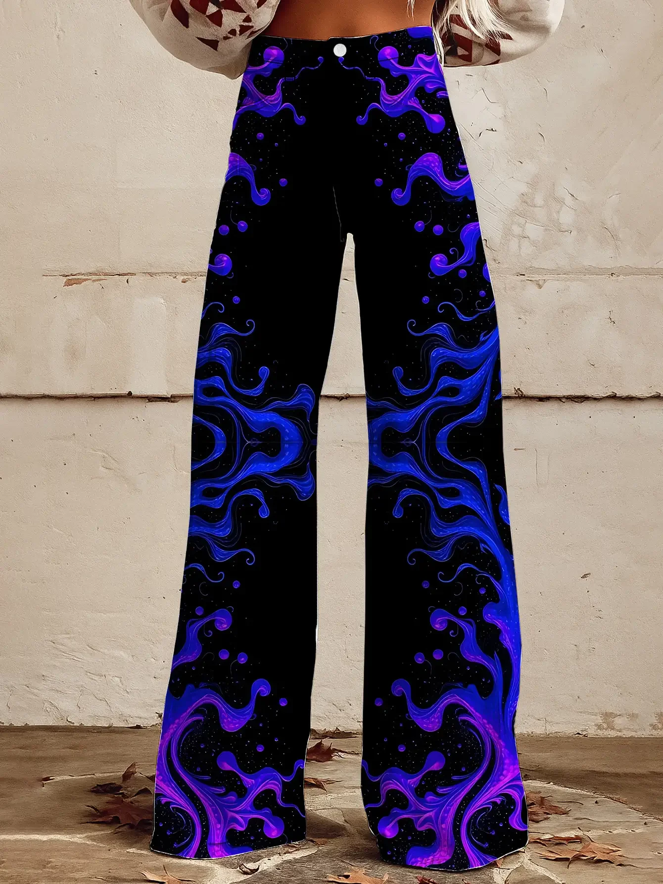 2026 Women's printed geometric pattern wide leg imitation jeans, Ground length winter pants