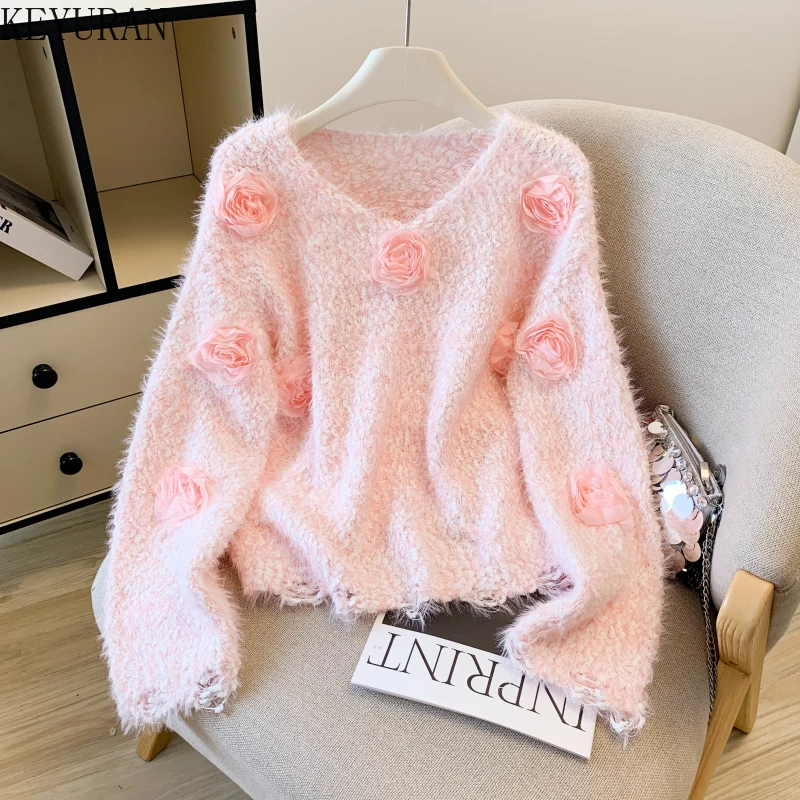 

Sweet Pink 3D Flower Knitted Sweater Women's New Elegant Stylish Style V-Neck Long Sleeve Knitwear Tops Sueter Mujer Y2k Clothes