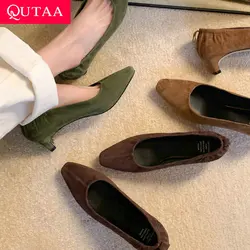 QUTAA 2024 Elegant Women Pumps Med Heels Square Toe Basic Shoes Woman Kid Suede Spring Summer Office Lady Party Pumps Size 34-39