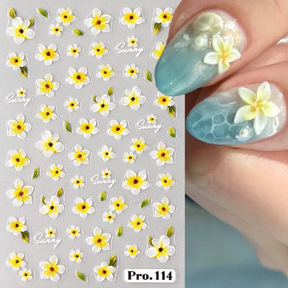 2 Stück gelbe Frangipani-Blume 3D-Nagelkunst-Aufkleber, blühendes Blütenblatt, Sommer-Blumen-Nagelaufkleber, Schieberegler für DIY-Maniküre-Dekorationen