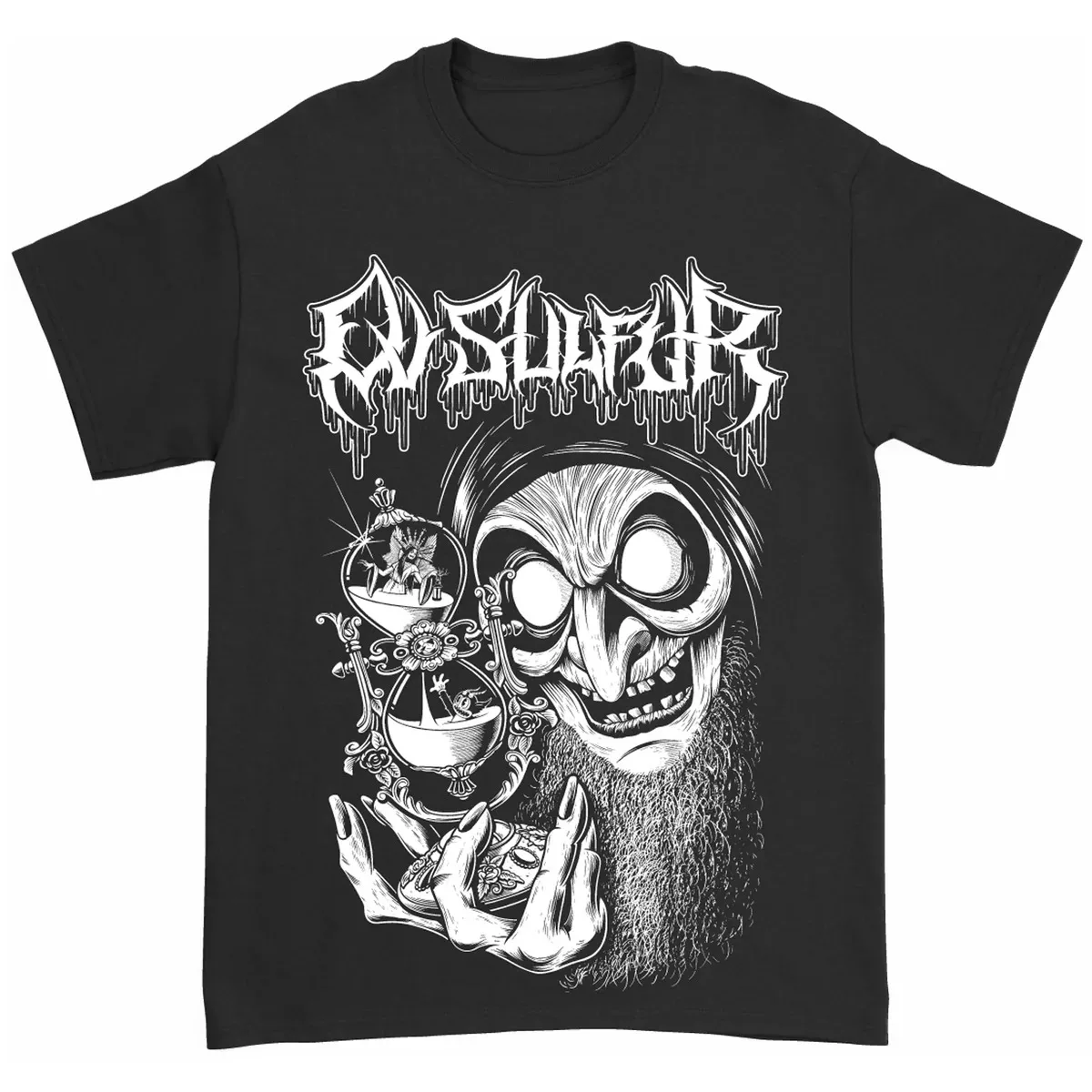 Ov Sulfur Graphic T‑Shirt Hooded Sorcerer Holding Ornate Hourglass Gothic Arch Frame Gold‑Blue Print Deathcore Metal