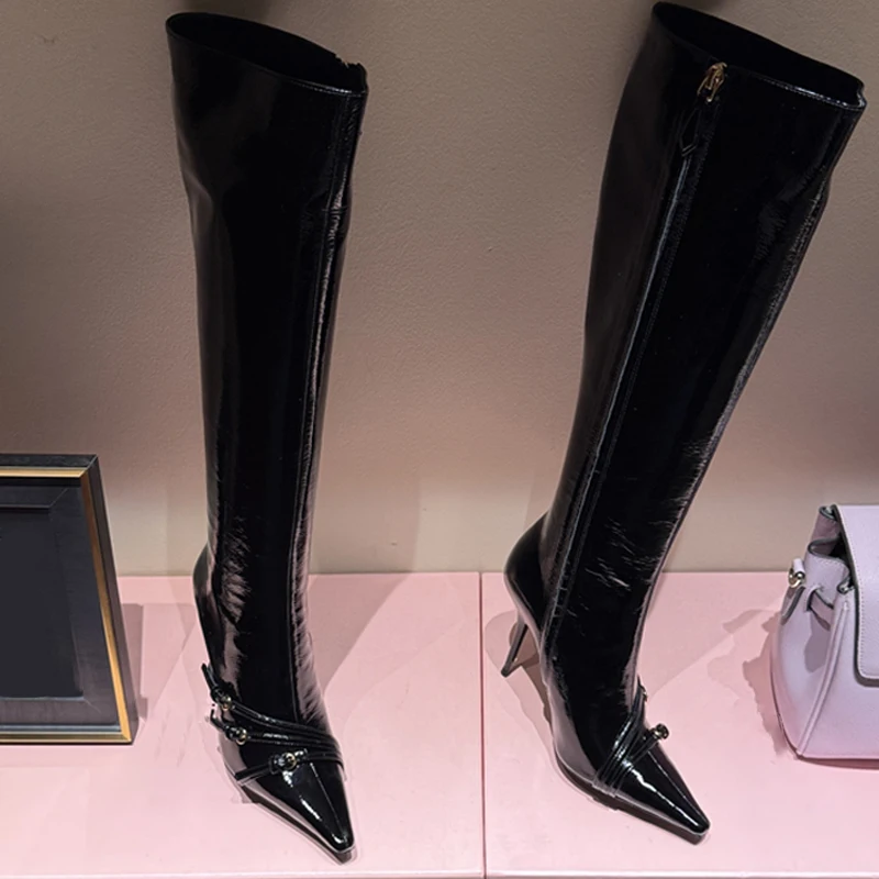 

Buckles Pointed Toe Stiletto Heel Over-The-Knee Boots Woman Winter 2026 Black Side Zipper Women's Fashion Party Evening Shoes