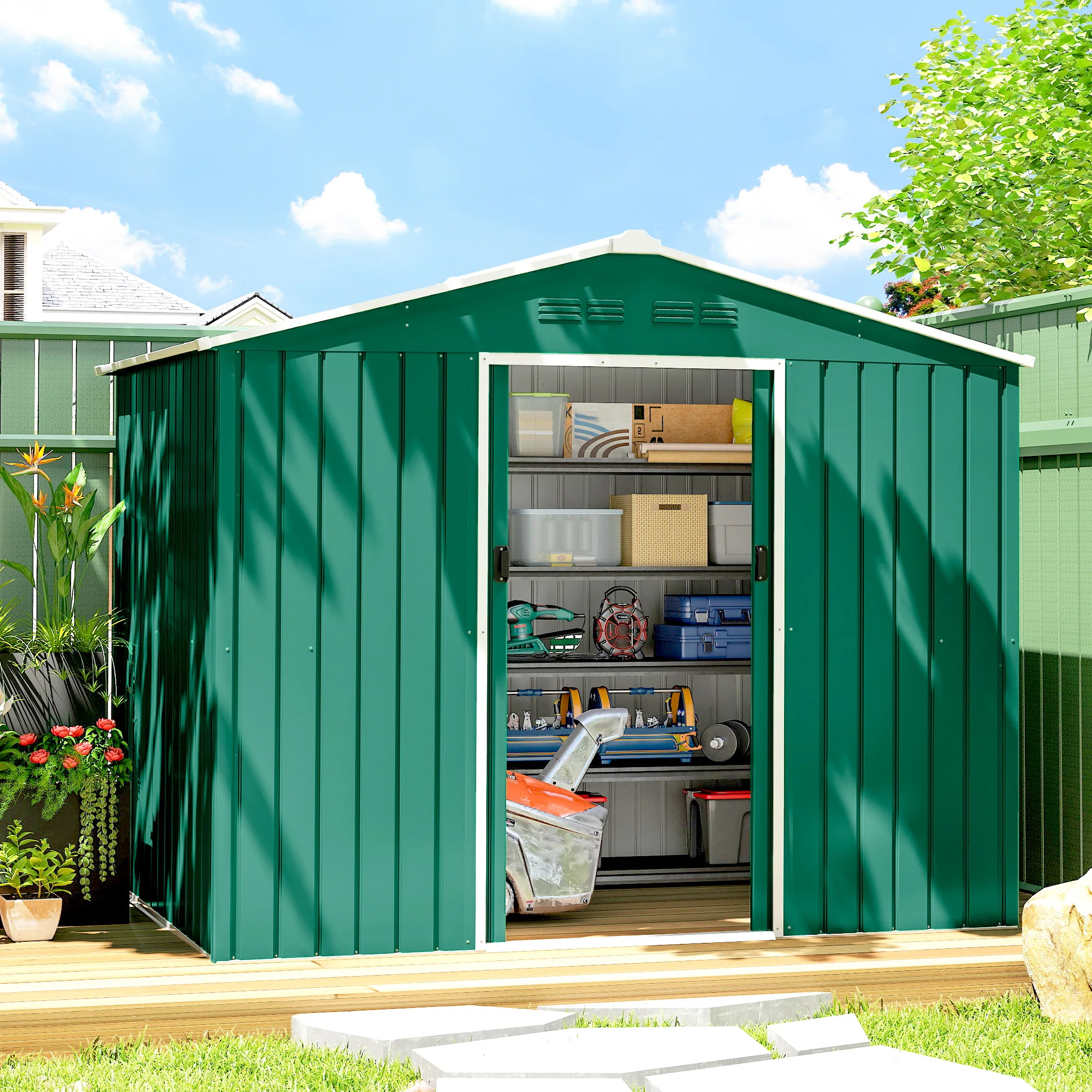 Outsunny Caseta de Jardín Exterior 3,6 m² 236x171x191 cm Puerta Corredera Verde