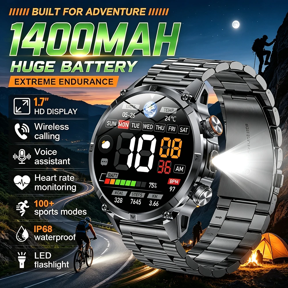 男性用ミリタリースマートウォッチ。サイクリングやバイクに最適。1400mahバッテリー搭載、ip68防水、ledライト付き、健康モニタリング機能、100種類以上のスポーツモード、耐久性に優れたデザイン。