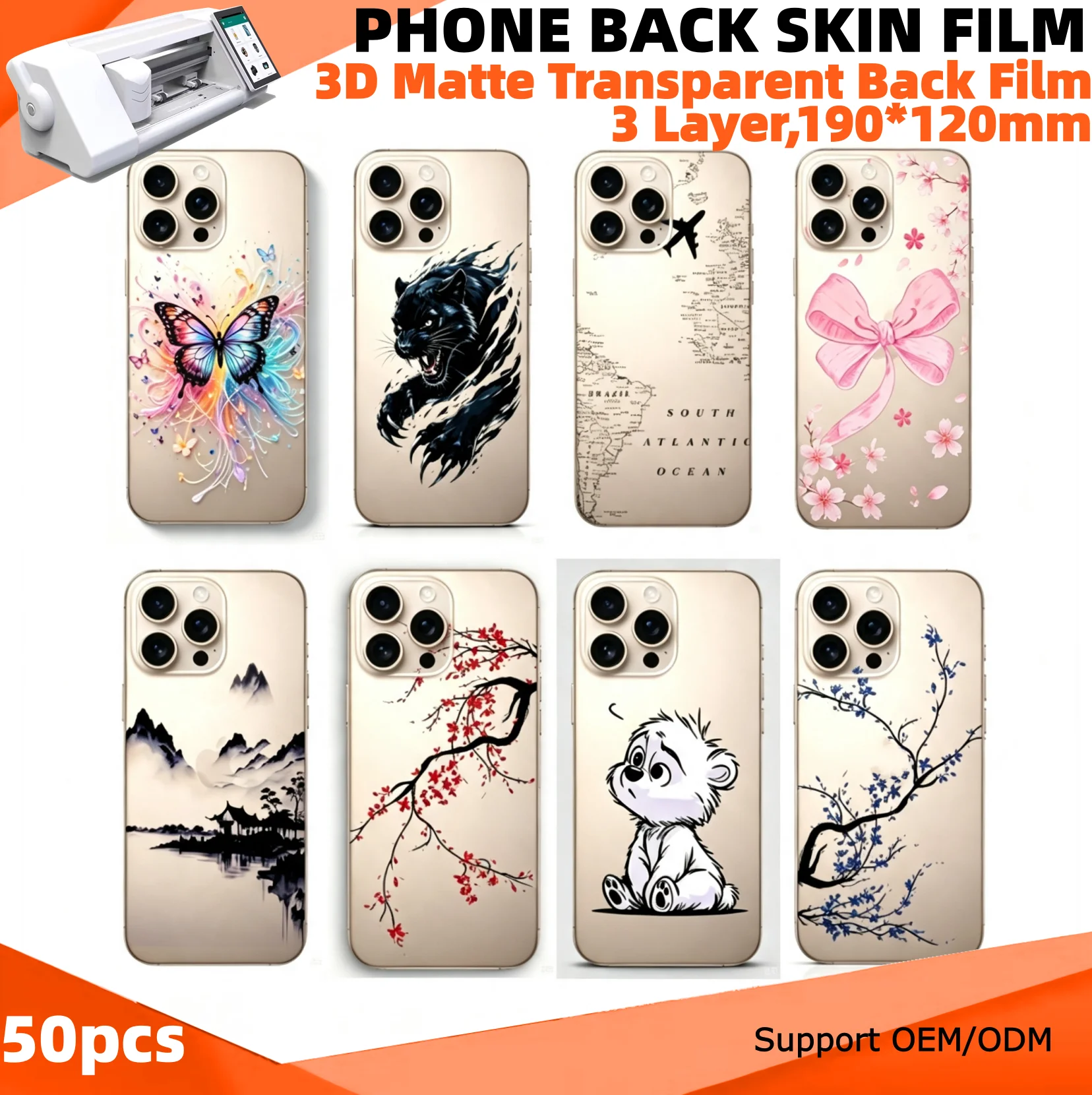 3D Embossed Transparent Matte Colorful Printed Relief Mobile Back Skin Sticker for Cutting Machine Rear Film Decoration Stickers