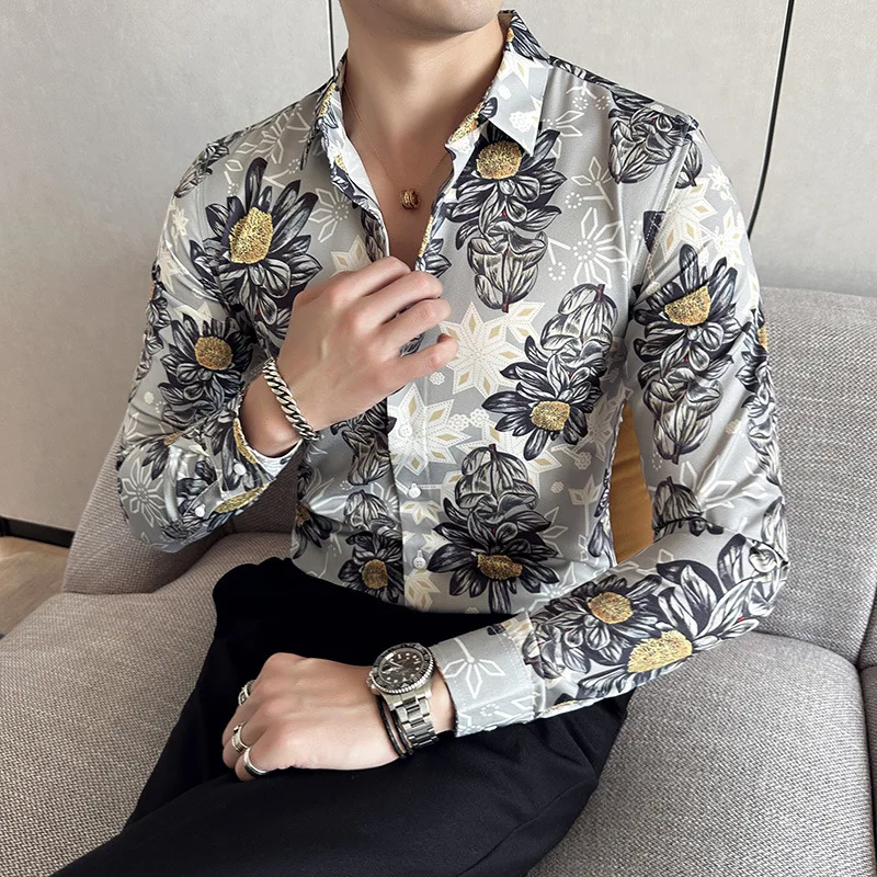 Luxury Flower Shirt for Men 2023 Autumn Winter Long Sleeve Casual Shirts Slim Fit Business Social Party Tuxedo Blouse M-6XL