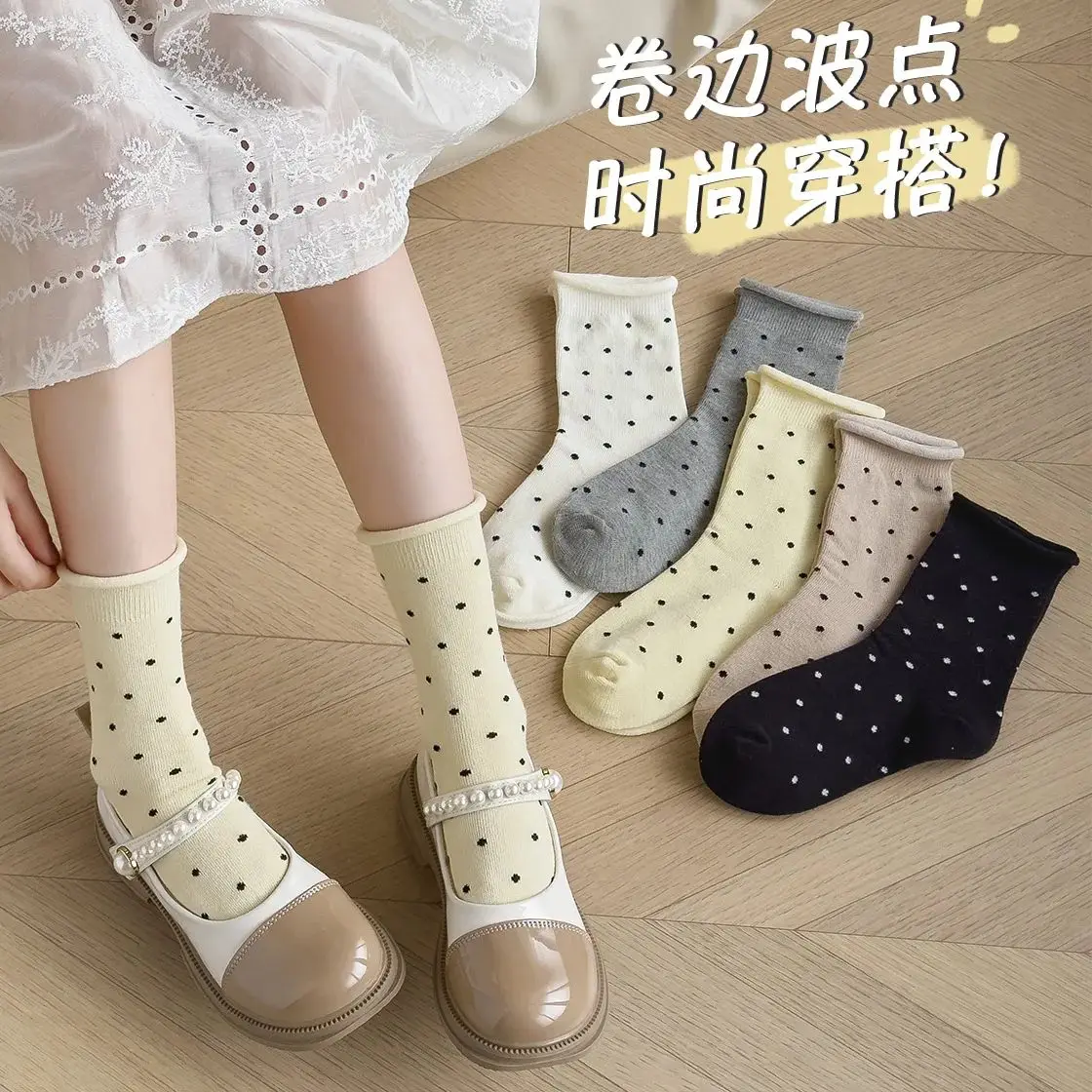 

2024 Autumn Kids Socks Polka Dots Girls Mid Calf Socks Baby Infant Cotton Crew Socks 5 Pairs