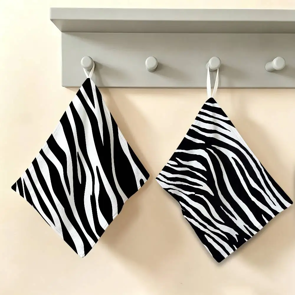 Black White Print Zebra Polyester Cotton Hanging Kitchen Towel, Soft Hand Wiping Towel, Reusable for Kitchen Bathroom Home
