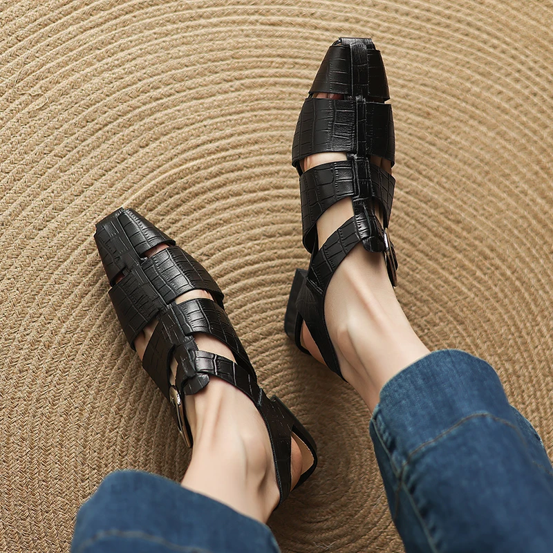 Women's Cow Leather Square Toe Hollow-out Ankle Strap Low-heel Sandals High Quality Soft Comfortable Elegant Ladies Daily Shoes