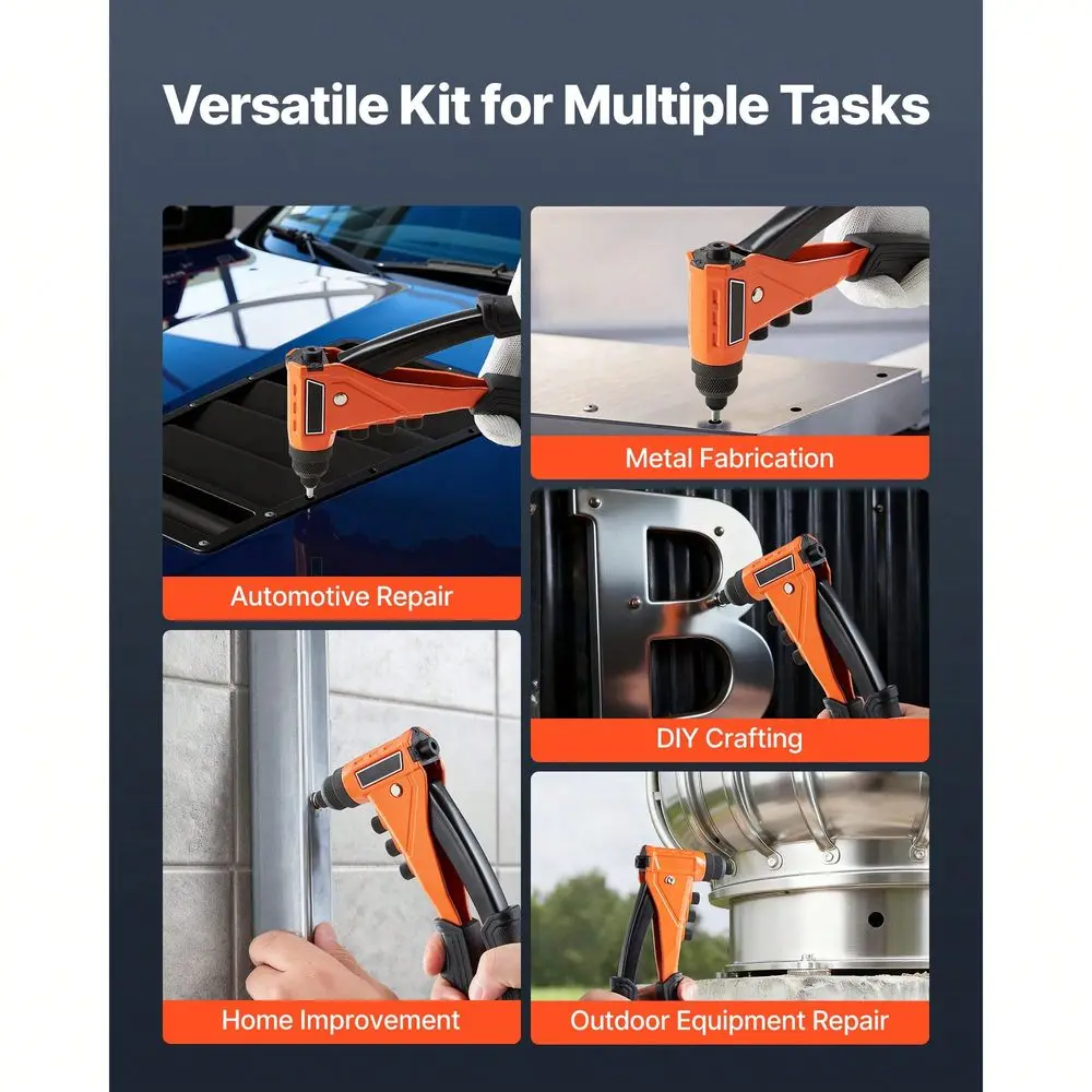 

Rivet Gun Kit, With 200 Blind Rivets, Heavy Duty Single Hand Riveter With 4 Interchangeable Nosepieces, 4 Drill Bits, And A Car