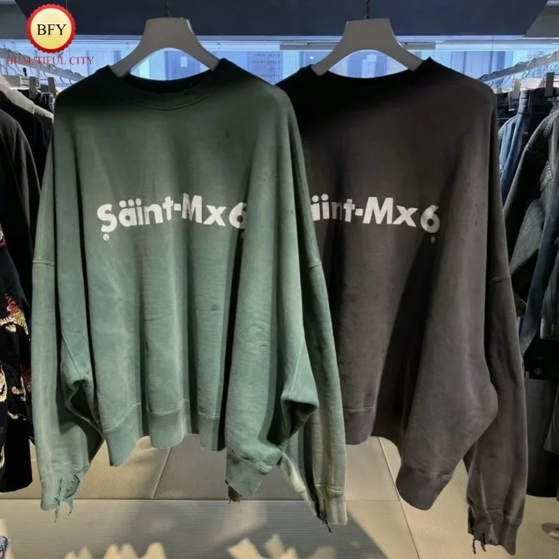 High quality Mens Womens Green Black Round neck SAINT FW24 Broken holes Letters Printing Casual Heavy duty Sweatshirt