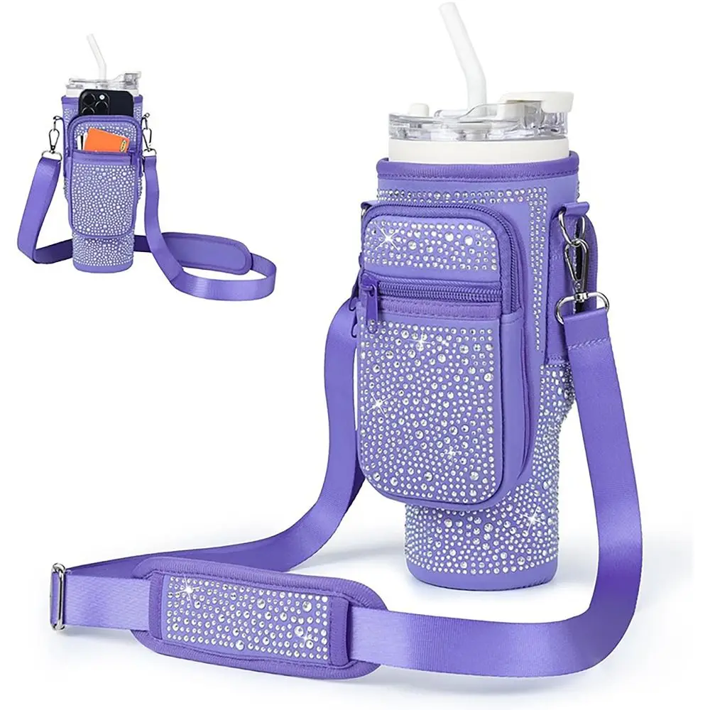 with Phone Pocket Water Bottle Holder Pouch Diamond Handfree Water Cup Bags Soft Adjustable Strap Vacuum Cup Bag