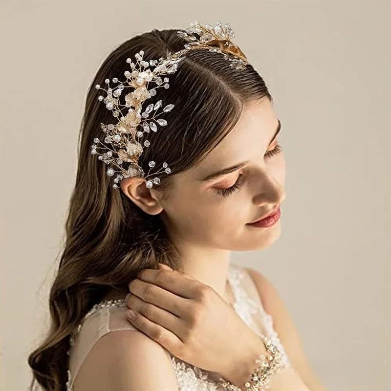 

Gorgeous Beaded Bride Wedding Tiaras Pearl Flower Bridal Headwear Alloy Rhinestone Flower Headbands Hair Accessories