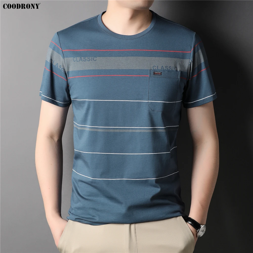 

COODRONY Brand Casual O-Neck Pocket Short Sleeve T-Shirt Homme Summer New Arrival Top Quality Striped T Shirt Men Clothes Z5261S