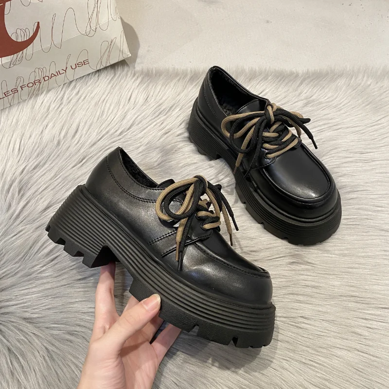 Platform Shoes Women 2023 New Fashion Round Toed Ladies Shoes Casual Lace Up Women Flat Shoes Black Luxury Loafers Women