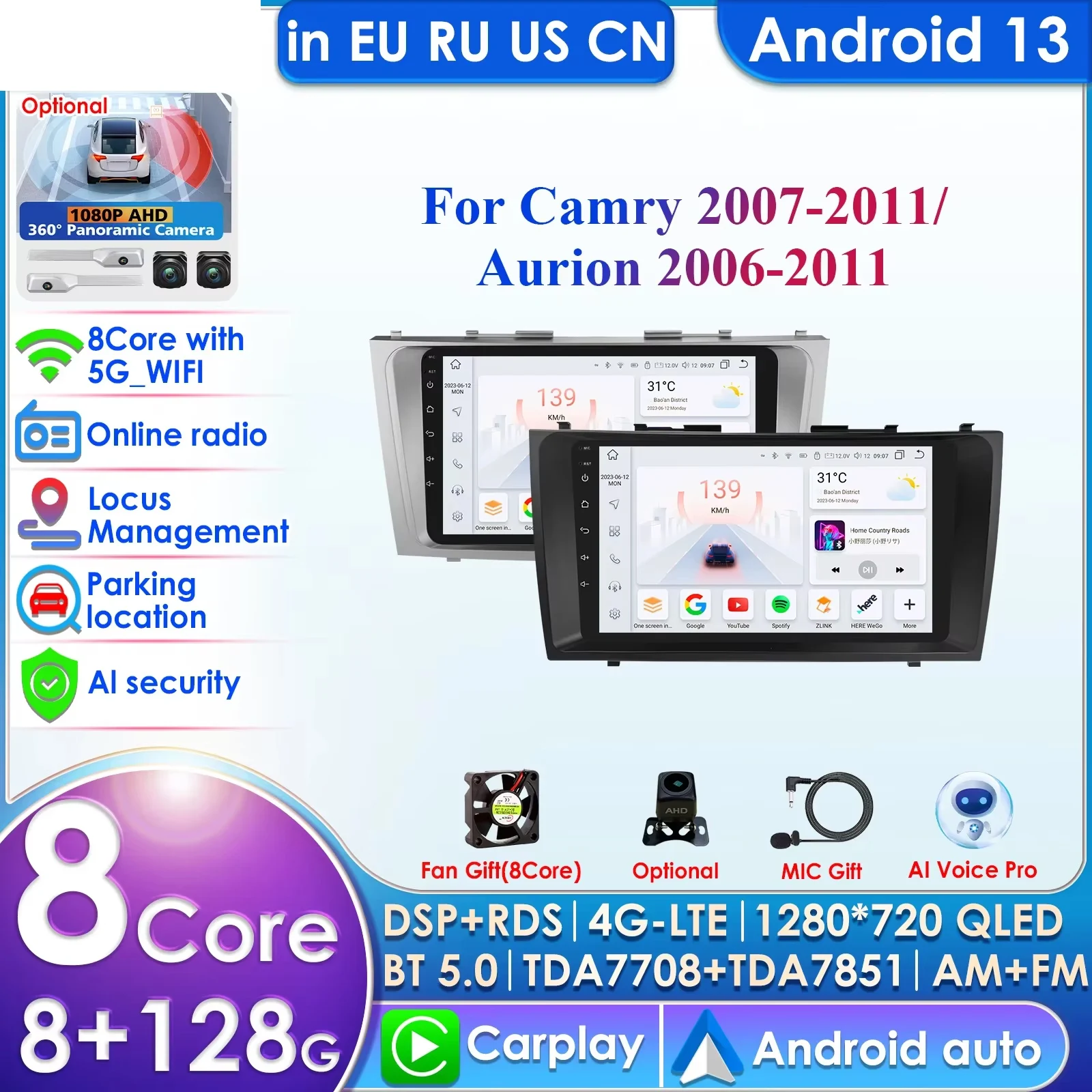 

2 Din Android 13 Car Radio For Toyota Camry 7 XV 40 50 2006 - 2011 Multimedia Video Player GPS 4G Carplay Auto Stereo Head Unit