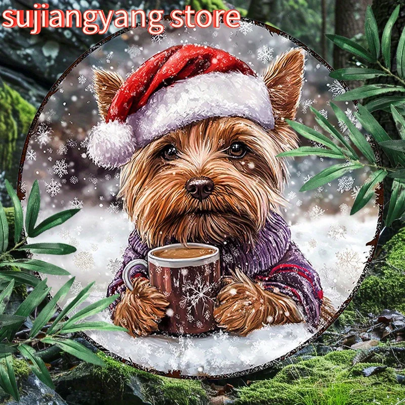 1 Stück, 8 x 8 Zoll (20 x 20 cm), rundes Aluminiumschild, seidiger Terrier mit Weihnachtsmütze, festliche Wandkunst, Weihnachtsgeschenk für Haustierliebhaber, Metall