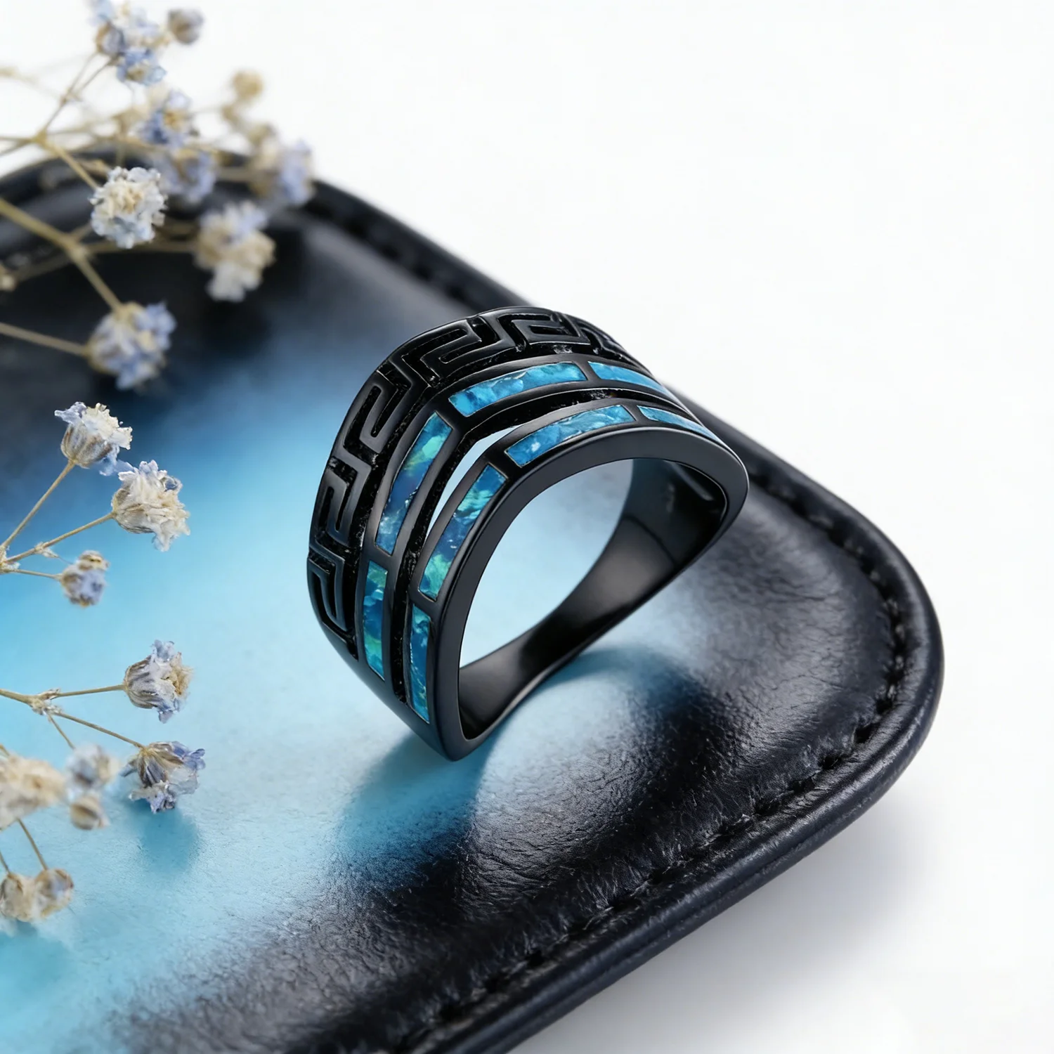 Blue Opal Ring for Women, Luxury Jewelry with Geometric Design, Multicolor Gemstone Gift for Her,Trendy 2025 Gothic Accessories