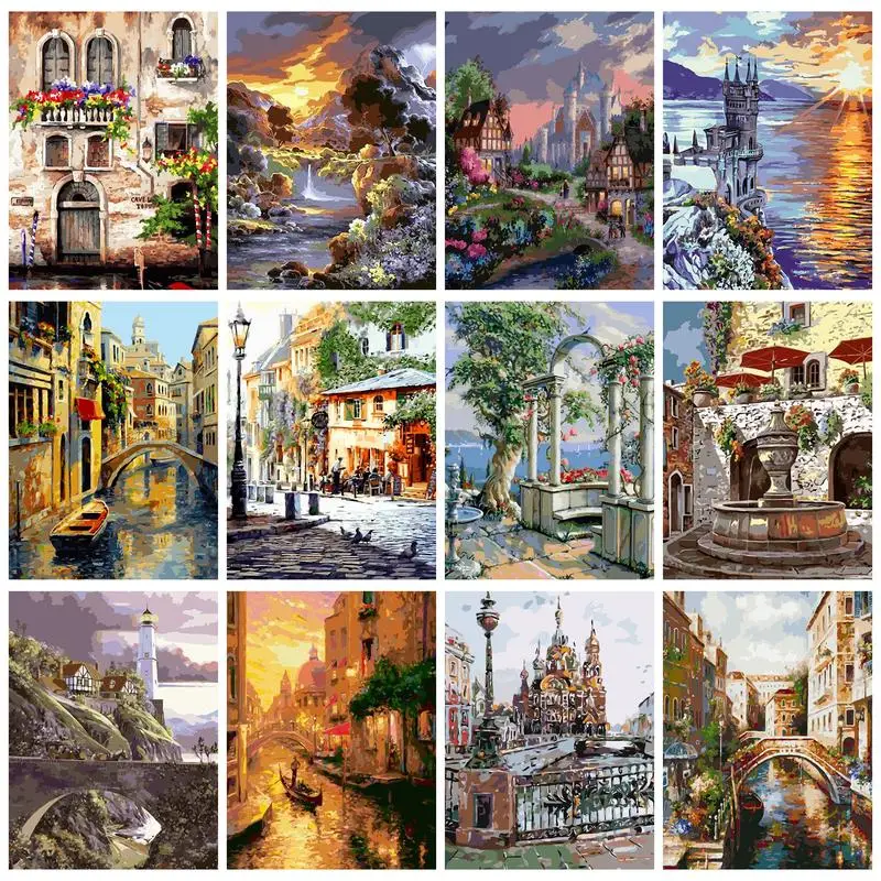 

PhotoCustom Landscape Painting By Numbers Build Kit With Frame On Canvas Decorative Paint For Adults For Drawing