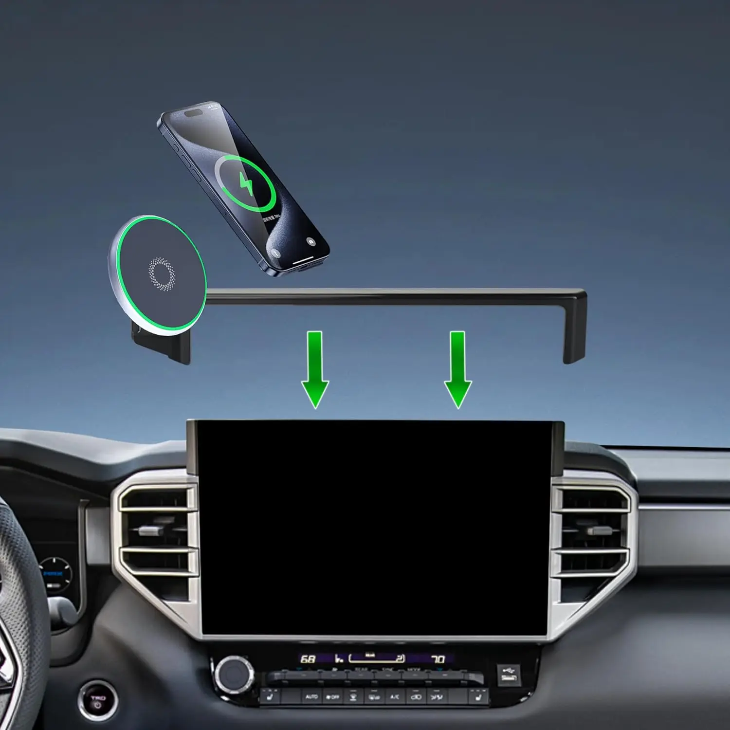 Soporte para teléfono de coche para Tundra 2022-2025, carga rápida inalámbrica de 15W, 360 °   Soporte de clip giratorio, pantalla fija de 14'
