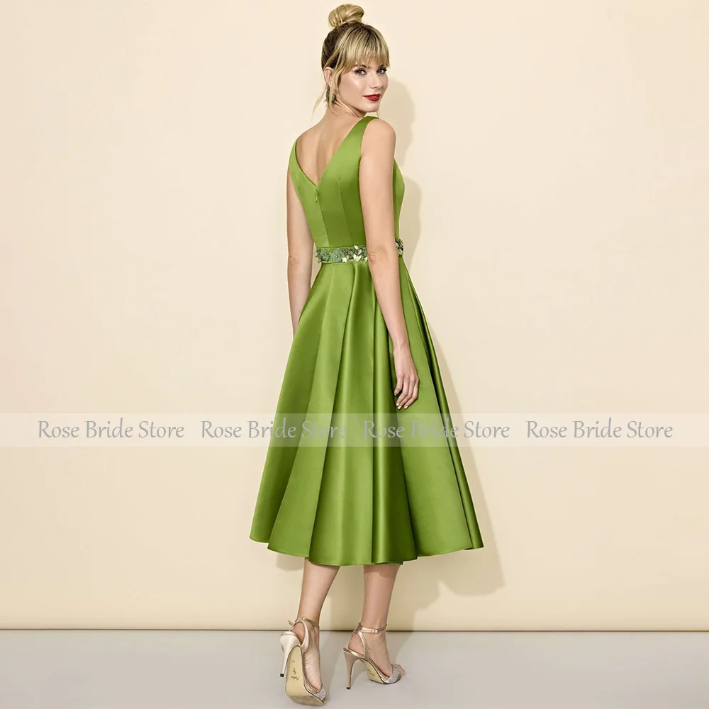 Mint Satin Prom Dress Short A Line Tea Length Deep V Neck Sexy  Gowns Midi Sequined 3D Flower Belt Elegant Formal Party Gown