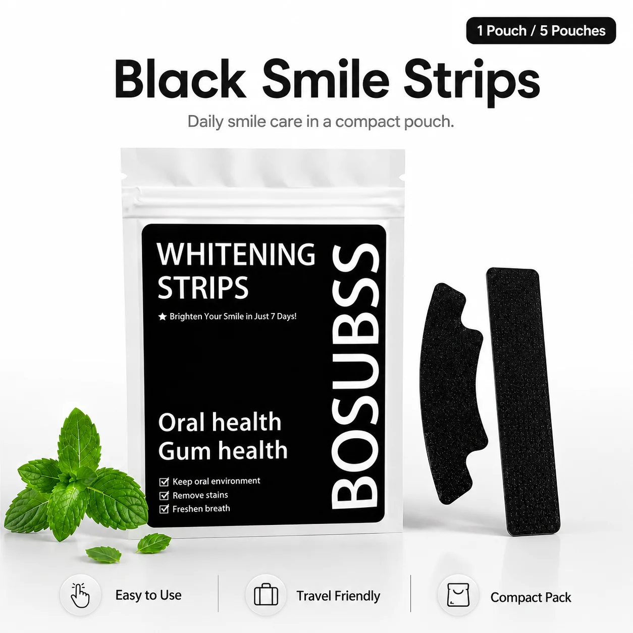 Black Teeth Brightening Strips, 5 Pairs Smile Care Strips, Easy Daily Oral Care, Portable Home Travel Use view 3