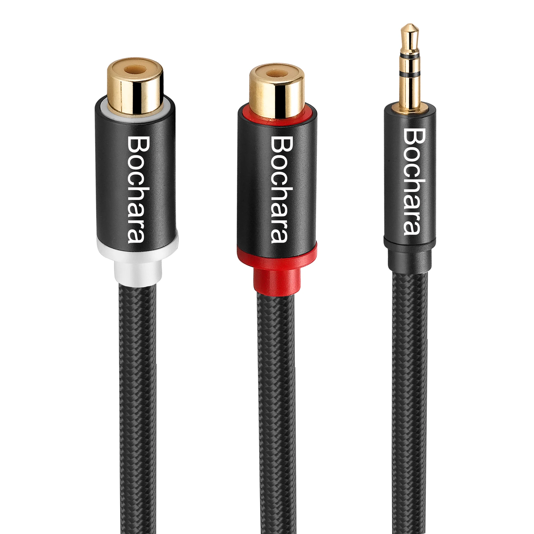 Bochara pleciony 30cm 3.5mm Stereo Aux męski na 2RCA żeński kabel konwertera audio folia + pleciony ekranowany