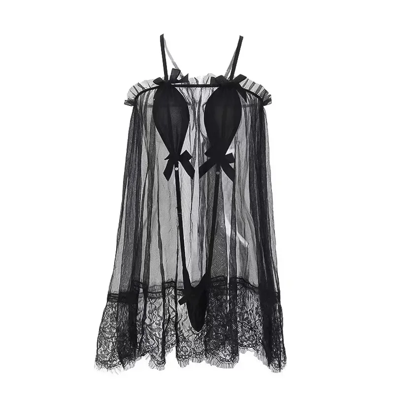 Sexy Sheer Mesh Deep V Neck Slip Night Dress Women Lace Nightdress Sleepwear See Through Nightgown Backless Sleep Tops Summer