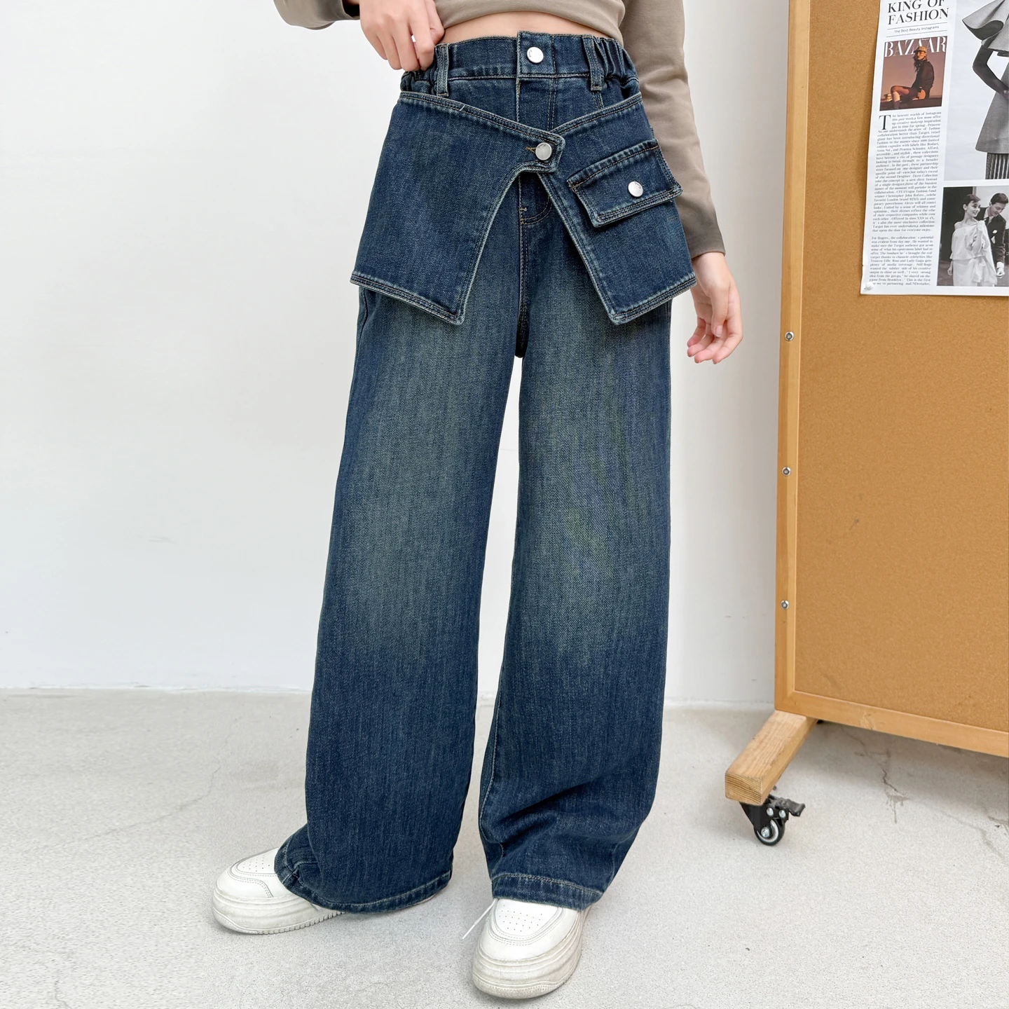 

Kids New Design Trousers 2025AW Children Retro High Street Jeans With Lace Skirt For Tween Girl Autumn Wide Leg Denim Pants