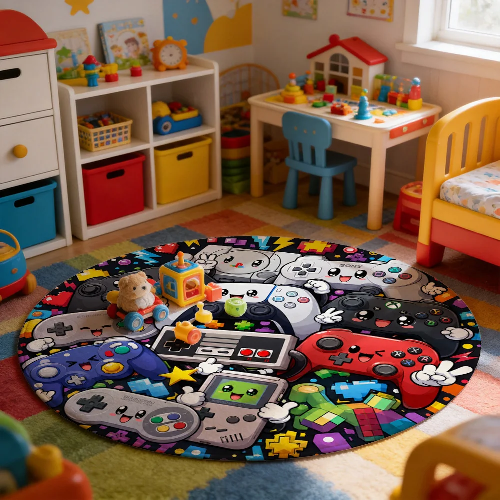 Retro Video Game Console Controller Round Area Rug for Gaming Room Playmat Nostalgic Pop Culture Decor