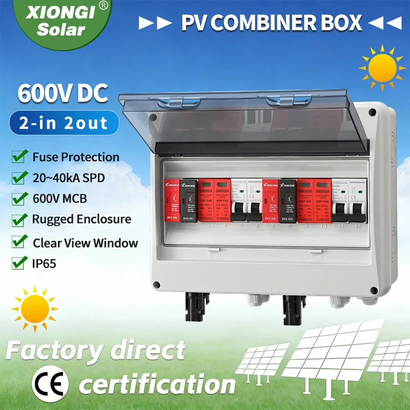 

Распределительный щиток HT 2 входа 2 выхода для солнечных фотоэлектрических систем постоянного тока 600В с грозозащитой, предохранителем 20А, автоматическим выключателем, SPD, водонепроницаемый IP65