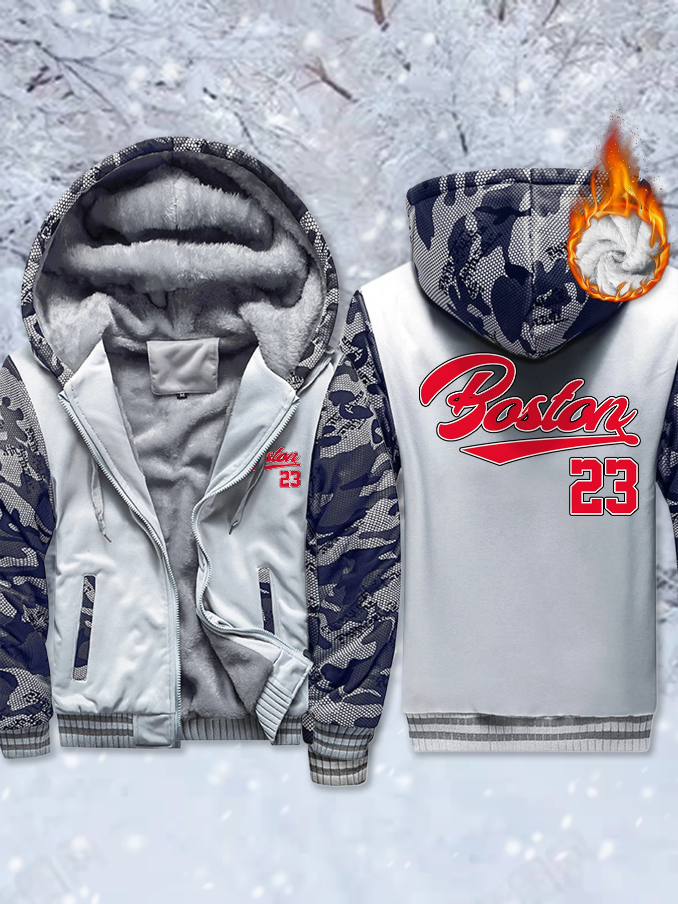 بوسطن رقم 23 إلكتروني طباعة الصوف سترة مريحة الرجال جيب رشاقته هودي الشتاء سستة أبلى معطف أساسي دافئ الشارع لينة أعلى