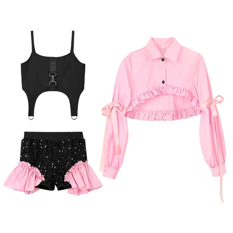 أزياء رقص الجاز للفتيات ، ملابس أداء المدرج ، ملابس الرقص الحضري ، بنطال الهيب هوب ، لمعان وردي ، سباركلي