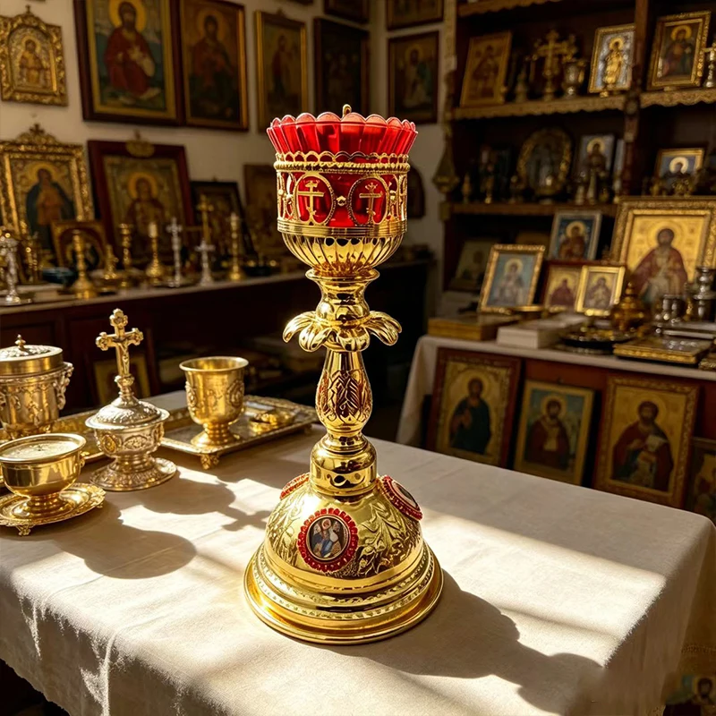 Religiöses Christliches Geschenk Orthodoxe Votivlampe Rote Glaslampe mit Goldenem Metallständer für Heim-Altar Kirchendekoration Kerzenhalter