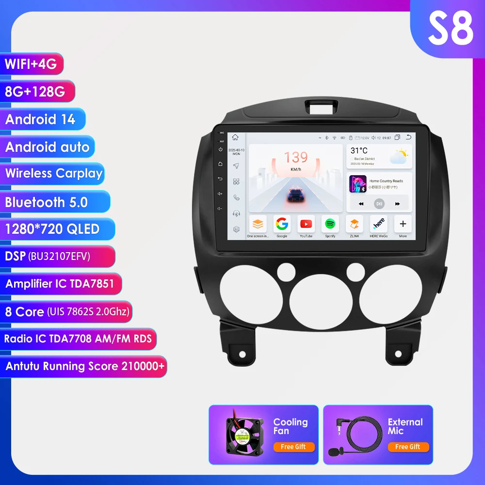 Hizpo WiFi Stereo voor MAZDA 2 Mazda2 2007 2008 2009 2010-2014 autoradio Android 14 Carplay Navigatie GPS Android Auto Scherm 2din Multimedia Speler