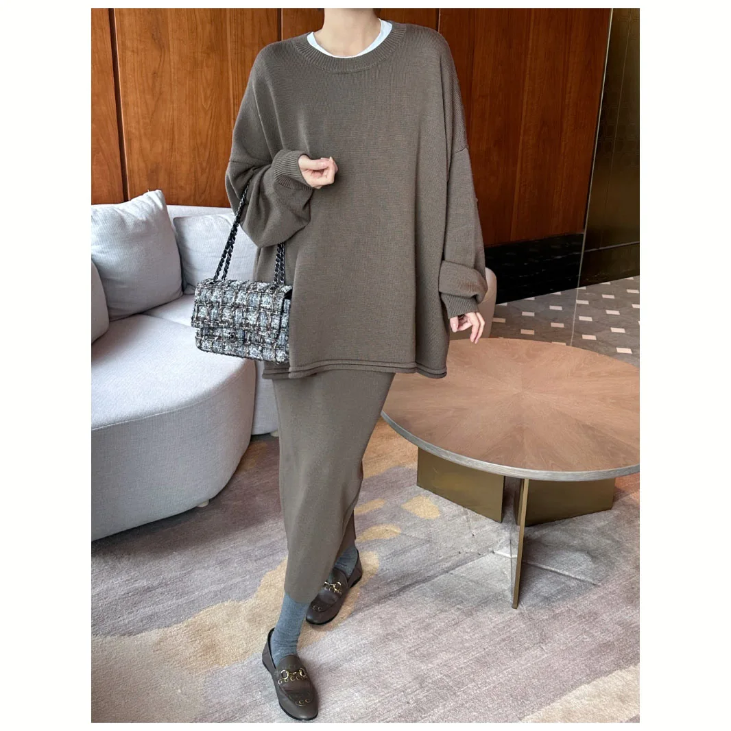 

OWI повседневный шерстяной вязаный женский комплект «Laid-ba», свободная толстовка с капюшоном и облегающая юбка, модный зимний ансамбль