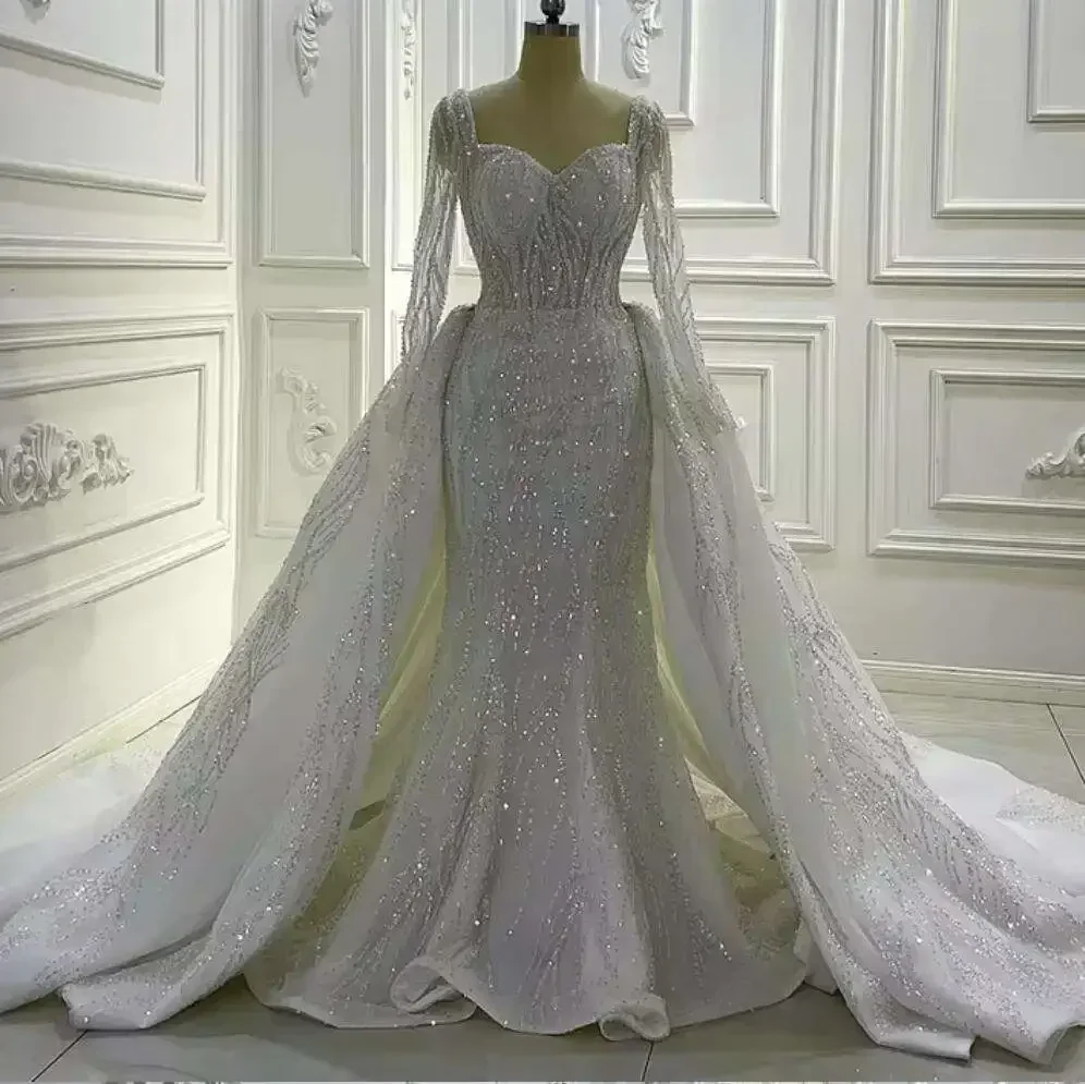 Personalizado lantejoulas sereia vestido de casamento manga longa com decote em v completo miçangas rendas 2 em 1 sereia feito sob encomenda vestido de noiva