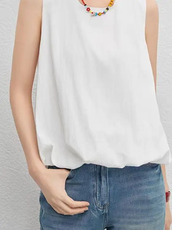 

YANG Floral Print Vest Number Two Cute Anti-Aging Slight Wrinkle Texture round Ne Svel Top Trendy Summer Casual Wear