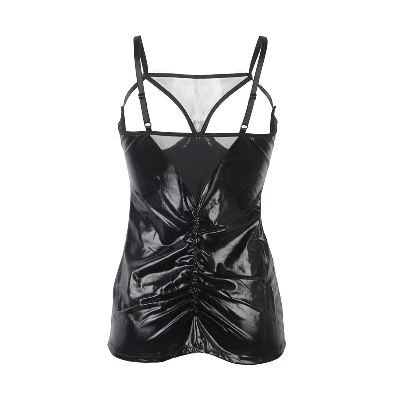 Ohyeahlady Open Cup Leather Underwear Black Mini Nightgown Babydoll Sexy Lure Sleepwear Lingerie Plus Size Underwire Nightdress