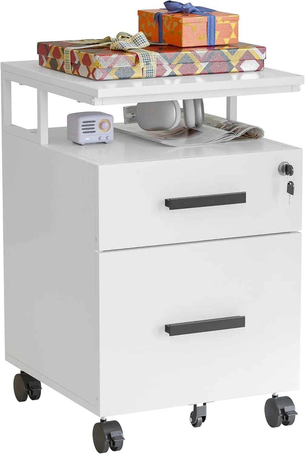 2-MELFile Cabinet avec serrure pour le bureau à domicile, format lettre, support d'imprimante, rangement en bois, classeur mobile, blanc