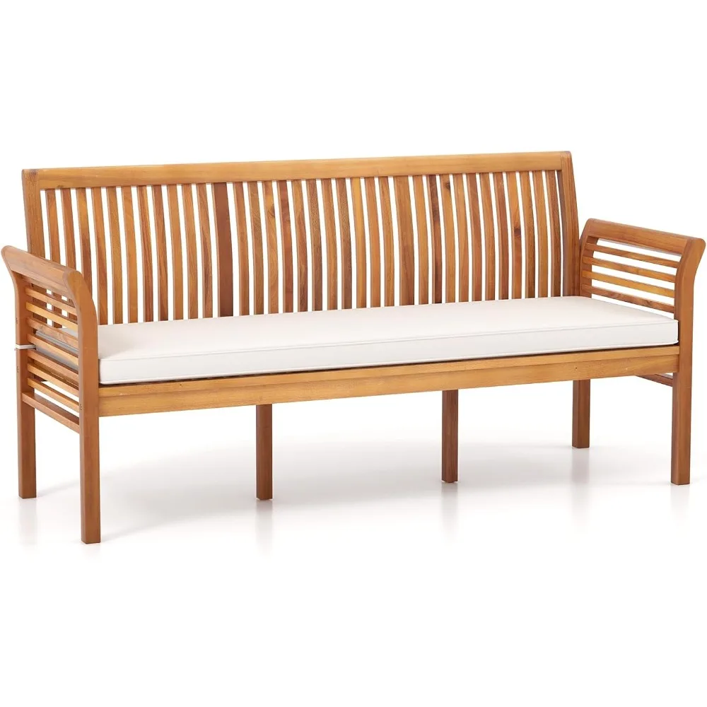 62.5’’ Outdoor Bench Acacia Wood - 3-Person Patio Bench w/Backrest, Armrests & Removable Seat Cushion, Slatted Wooden Garden