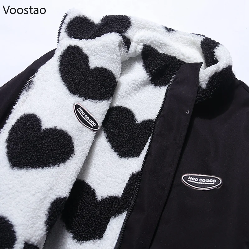 Gothic Harajuku Wear su entrambi i lati cappotti di lana di agnello con clic autunno inverno coreano sciolto cuore stampa giacche parka di coppia top