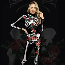 Zawaland Halloween Women Cosplay Costumes Long Sleeve Skeleton Printing Holiday Party Funny Jumpsuit Stage Performance Bodysuit