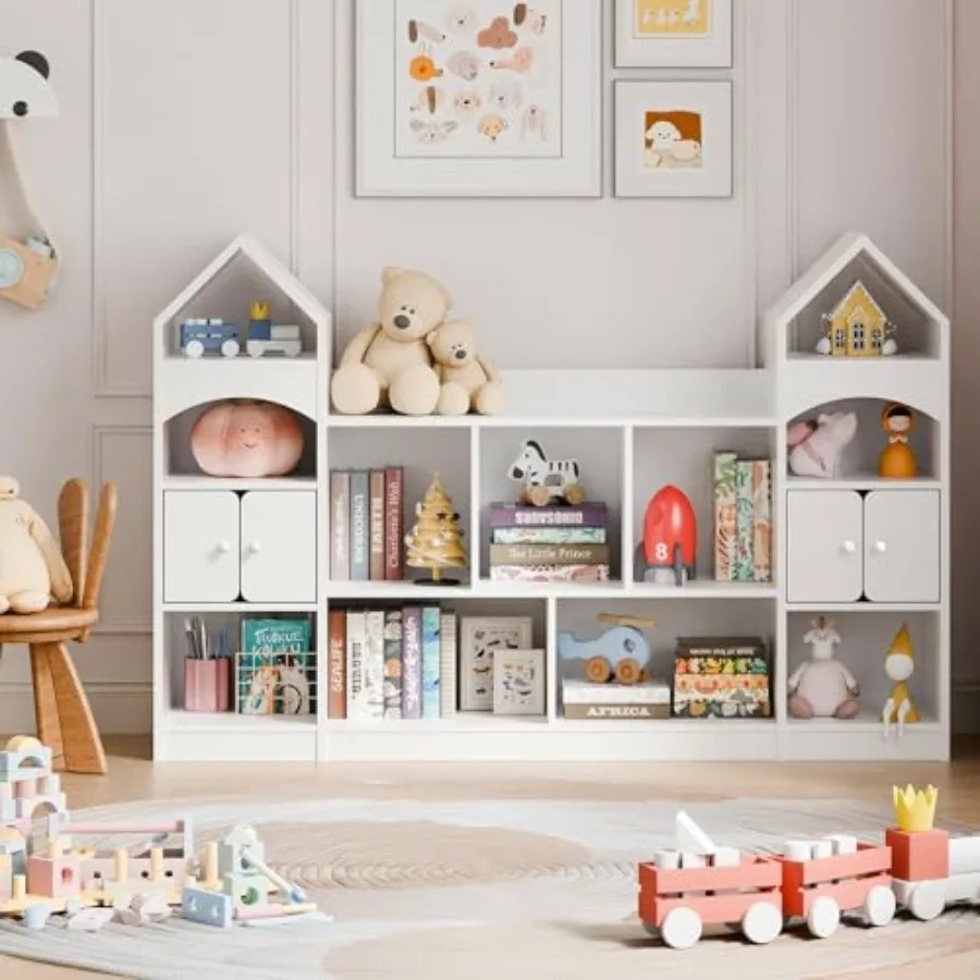 Multifunctional Castle Shape 's Bookshelf with Display Case and Toy Storage Organizer for Playroom 's Room Living Room White Id