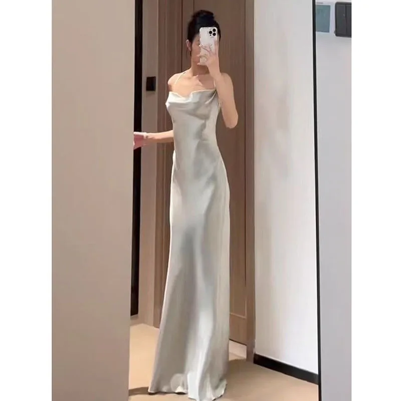 Robe Maxi en Satin pour femmes, Sexy, bretelles Spaghetti, élégante, coupe cintrée, soirée, été, sans manches, moulante, longue